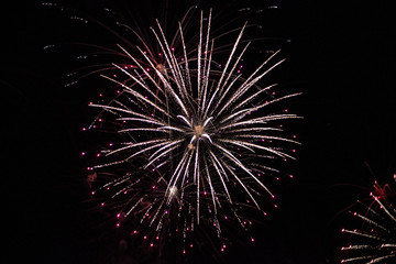 Fireworks in the sky. Salute exploded in a colorful ball in the night sky. Sparks and lights on a...