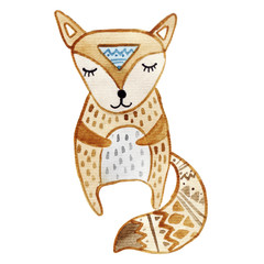 Watercolor cute cartoon animal. Hand painted isolated on white background. Best for children design, poster, wallpaper, nursery, fabric, textile. Cute fox in sandinavian style