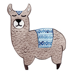 Watercolor cute cartoon animal. Hand painted isolated on white background. Best for children design, poster, wallpaper, nursery, fabric, textile. Cute alpaca in sandinavian style
