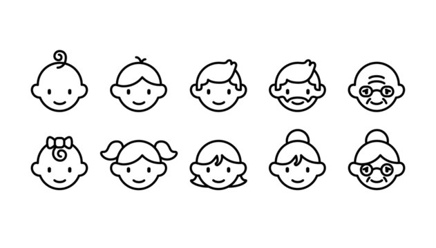 Icon set of different age groups of people from baby to elder (Cute simple art style) 