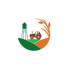 agriculture corn field farm industry vector logo design with tractor and water tower in the middle of the hill
