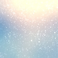 Wonderful winter shiny background. Light snowfall pattern. Delicate blue yellow pink subtle transition. Pastel season cool template. Attractive decoration. Bright iridescent graphic.