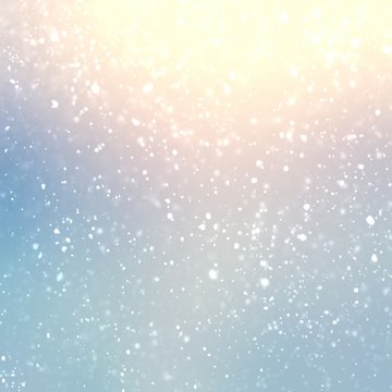 Wonderful winter shiny background. Light snowfall pattern. Delicate blue yellow pink subtle transition. Pastel season cool template. Attractive decoration. Bright iridescent graphic.
