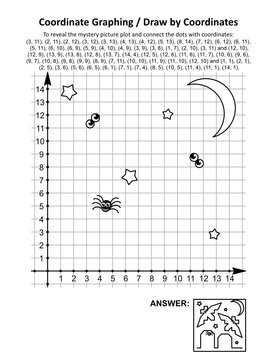 Coordinate graphing, or draw by coordinates, math worksheet with Halloween bats and tombs: To reveal the mystery picture plot and connect the dots with given coordinates. Answer included.