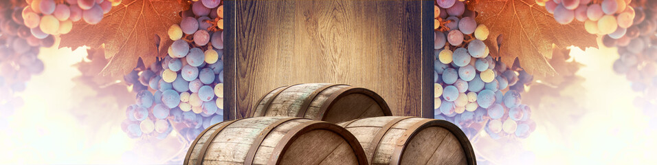 Wine background with a wooden signboard, bunches of red grape and oak barrels. Template of...