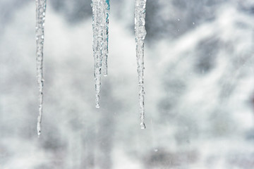 Close up shot of Stalactites in winter blizzard.