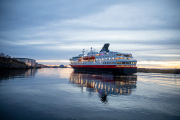 Coastal passenger ships arrive at Brønnøysund harbor in Nordland county