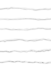 Six oblong torn bright white paper fragments placed one under another with soft shadow. Vector paper template.