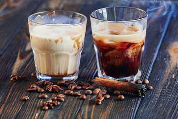 Luxury drink. Cocktails is ready. On the wooden table in the night club. Nice lighting