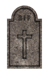 Decorated, oval granite tombstone on white background with engraved R.I.P. lettering and engraved cross