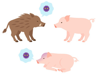 病気の豚・イノシシから豚へのウイルス感染のイメージイラスト