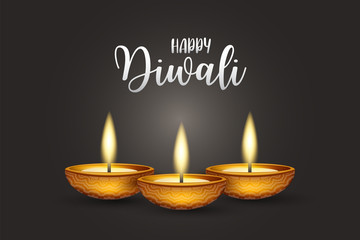 Diwali festival of lights poster design. Indian traditional holiday background with glowing garland and text typography on black backdrop. diya oil lamp. Vector illustration.