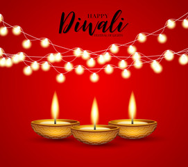 Happy Diwali festival of lights poster design. Indian traditional holiday background with glowing garland and text typography on red backdrop. Diya oil lamp. Vector illustration.