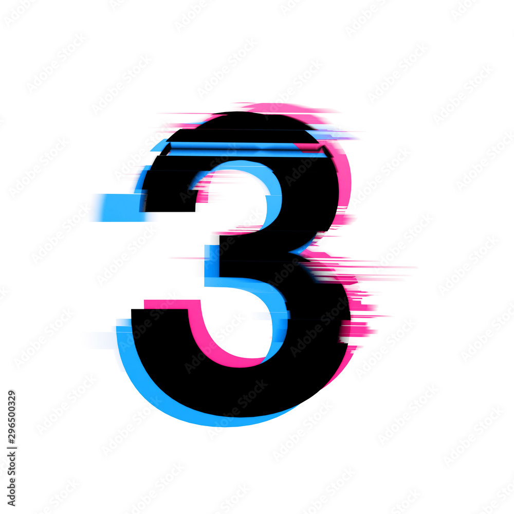 Fototapete number 3 distorted neon glitch effect text font. 3d render