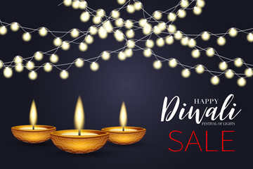 Diwali festival of lights sale poster design. Indian traditional holiday background with glowing garland and text typography on black backdrop. Diya oil lamp. Vector illustration.