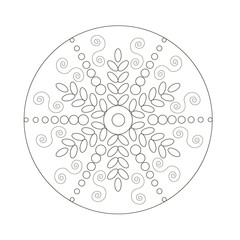 The picture shows a mandala with leaves. A typical mandala form is an outer circle with different leaves, flowers, inscribed in it.
