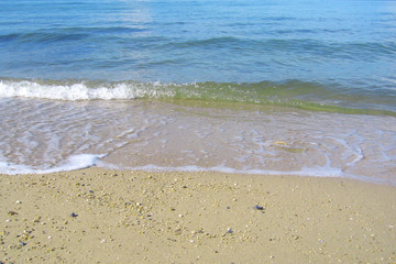 Coastal landscape bay. Abstract background Background texture. Nature background Summer background. Blue sunset background of sea water ocean wave. Pacific Ocean.