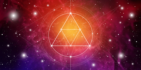 Sacred geometry website banner with golden ratio numbers, eternity symbol, interlocking circles and squares, flows of energy and particles in front of outer space background. The formula of nature.
