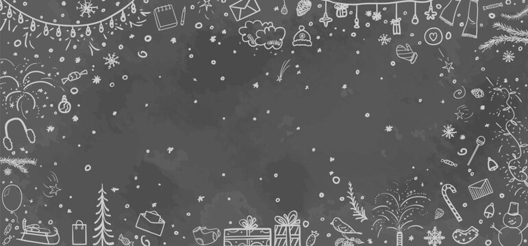 Hand drawn christmas background. Abstract chalkboard. Sketchy background with holiday elements. Design for your business. Black and white illustration