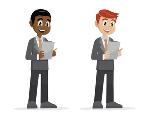 Businessman holding clipboard and takes notes on it.