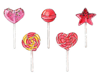 Watercolor sweet collection of lollipops and candies. Set of  lollipops. Hand drawn illustration.