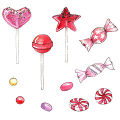 Watercolor sweet collection of lollipops and candies. Set of  lollipops. Hand drawn illustration.