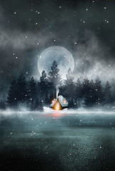 Winter night scene. Winter in the forest, a house in the mountains. Forest winter fairy tale. Dark night forest, big moon and snow, snowdrifts. Waiting for a Christmas miracle.