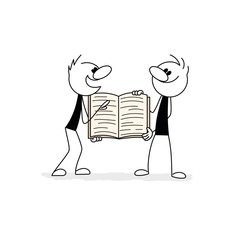 Doodle stick figure:  People with big book. Hand drawn cartoon vector illustration for business and school design.