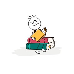 Obraz na płótnie Canvas Doodle stick figure: Reading man sitting on a stack of books. Hand drawn cartoon vector illustration for business and school design.