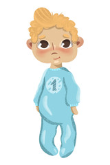 Toddler baby boy character with blonde hair standing for first year crafts project like baby boy poster or invitation for baby birthday party and newborn branding design