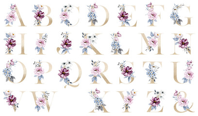 Floral alphabet, gold letters with watercolor pink and blue flowers and leaf. Botanical monogram initials perfectly for wedding invitations, greeting card and other. Holiday design hand painting. 