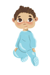 Toddler baby boy character with brown hair sitting for first year crafts project like baby boy poster or invitation for baby birthday party and newborn branding design