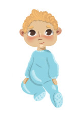 Toddler baby boy character with blonde hair sitting for first year crafts project like baby boy poster or invitation for baby birthday party and newborn branding design