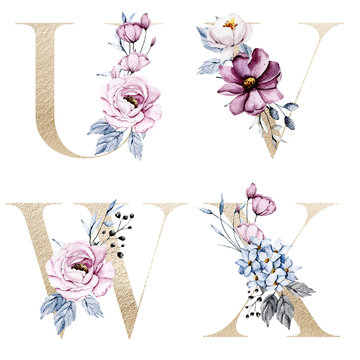 Floral alphabet, gold letters with watercolor pink and blue flowers and leaf. Botanical monogram initials perfectly for wedding invitations, greeting card and other. Holiday design hand painting. 
