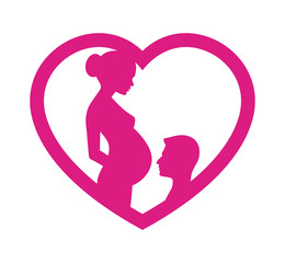 Obraz na płótnie Canvas Vector silhouette of pregnant woman with her man on pink heart. Isolated on white background.