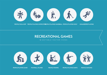 10 recreational games concept blue icons