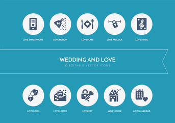10 wedding and love concept blue icons