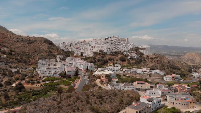 The white village of Moj&aacute;car during day light. Aerial shot.