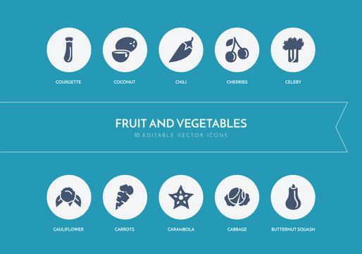 10 fruit and vegetables concept blue icons