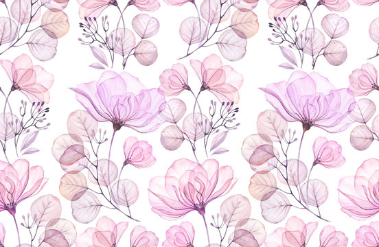 Transparent rose watercolor seamless pattern. Hand drawn floral vintage illustration for wedding design, surface, textile, wallpaper © Katerina Kolberg