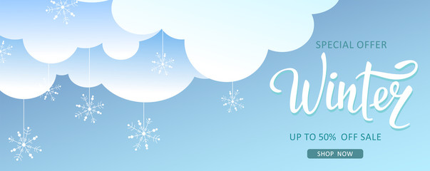 Winter banner for sales. Web Lettering. Vector banner in cartoon style with clouds and snowflakes.
