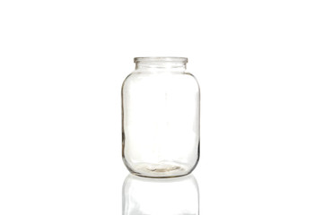 Empty glass jar on white background