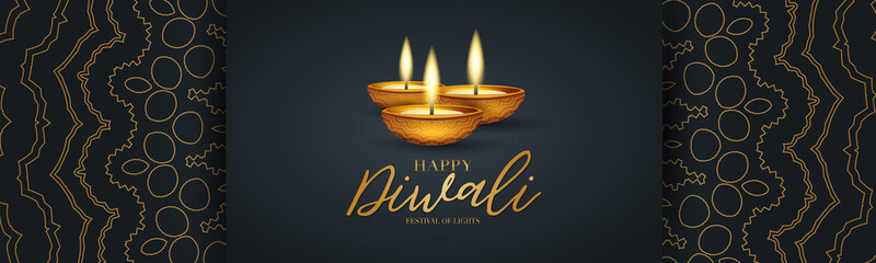Happy Diwali - festival of lights banner or website header design. Indian traditional holiday background with Diya oil lamp and text typography on a black backdrop with golden hindu ornament. - obrazy, fototapety, plakaty