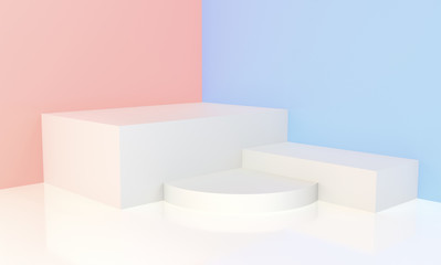 3d rendered - White podium with pink and blue background for display 