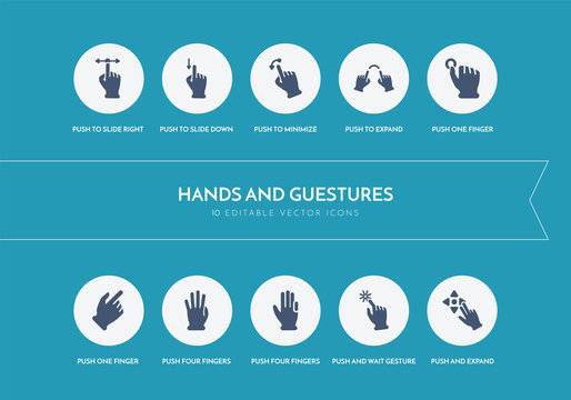 10 hands and guestures concept blue icons