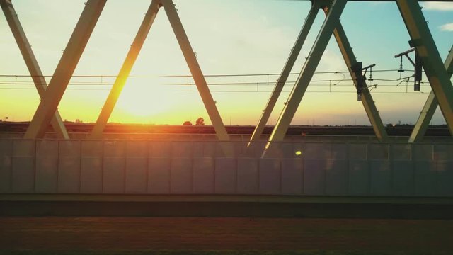 Japanese Train Window View , JR Joban Line (Local) , Tonegawa River , Bridge , 電車の車窓から見る夕日と利根川・JR常磐線各駅停車下り、取手駅直前
