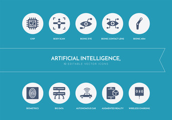 10 artificial intelligence, concept blue icons