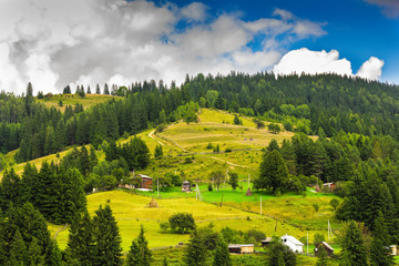 Ukraine, Carpathians. View of the Verkhovyna village from the lookout mountain Shveykova.
