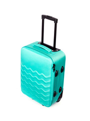 Bright turquoise travel suitcase isolated on white background