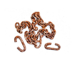 Large old rusty chain on white background. Top view, flat lay